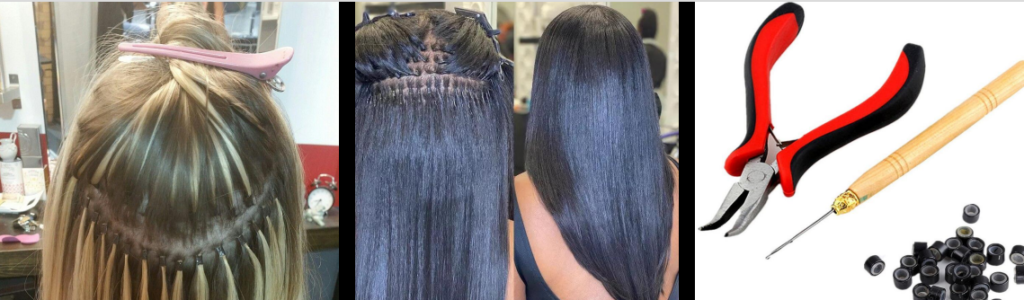 Demonstration Of Blonde and Black Hair Extension Attached To The Head With Accessories For Hair Extension Installation